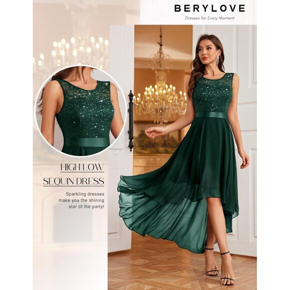 BeryLove Women DarkgreenSequin Chiffon Scoop Neck Sleeveless Lace Cocktail Dress - Picture 5 of 6